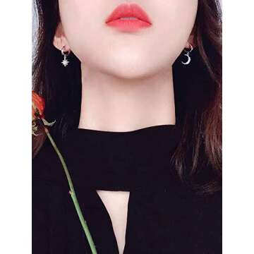 CZ Moon Star Dangle Small Hoop Earrings for Women Girls Sterling Silver with Charms Crystal Asymmetrical Snowflake Crescent Drop Mini Cartilage Clip Jewelry Delicate Fashion Birthday Gifts Best Friend