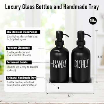 Black Glass Kitchen Soap Dispenser Set with Tray by Brighter Barns - Hand and Dish Soap Dispenser for Kitchen Sink - Farmhouse Soap Dispenser Set - Modern Home Decor & Farmhouse Kitchen Decor (Black)