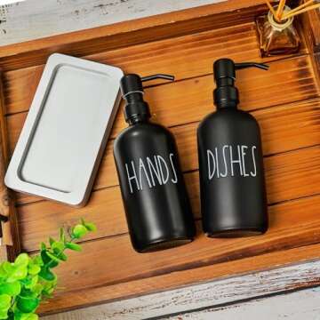 Black Glass Kitchen Soap Dispenser Set with Tray by Brighter Barns - Hand and Dish Soap Dispenser for Kitchen Sink - Farmhouse Soap Dispenser Set - Modern Home Decor & Farmhouse Kitchen Decor (Black)