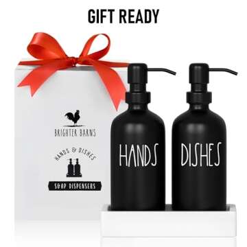 Black Glass Kitchen Soap Dispenser Set with Tray by Brighter Barns - Hand and Dish Soap Dispenser for Kitchen Sink - Farmhouse Soap Dispenser Set - Modern Home Decor & Farmhouse Kitchen Decor (Black)