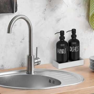 Black Glass Kitchen Soap Dispenser Set with Tray by Brighter Barns - Hand and Dish Soap Dispenser for Kitchen Sink - Farmhouse Soap Dispenser Set - Modern Home Decor & Farmhouse Kitchen Decor (Black)