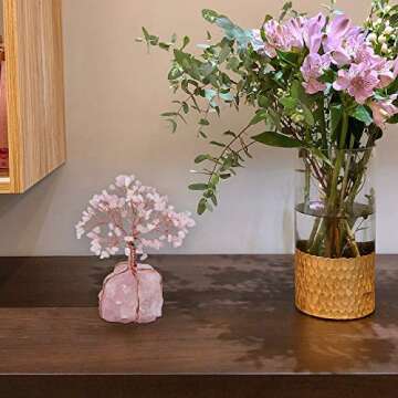 Top Plaza Rose Quartz Healing Crystals Copper Money Tree Desk Office Decor Wrapped On Natural Rose Quartz Base Feng Shui Luck Figurine