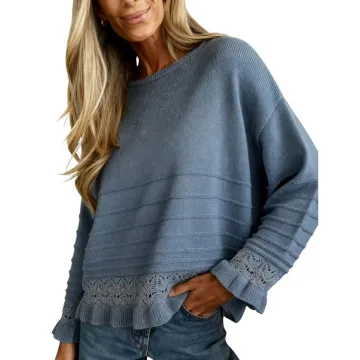 Yeokou Women's Crochet Knit Long Sleeve Pullover Sweater Cozy Round Neck Ruffled Hem Shirt