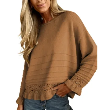 Yeokou Women's Crochet Knit Long Sleeve Pullover Sweater Cozy Round Neck Ruffled Hem Shirt