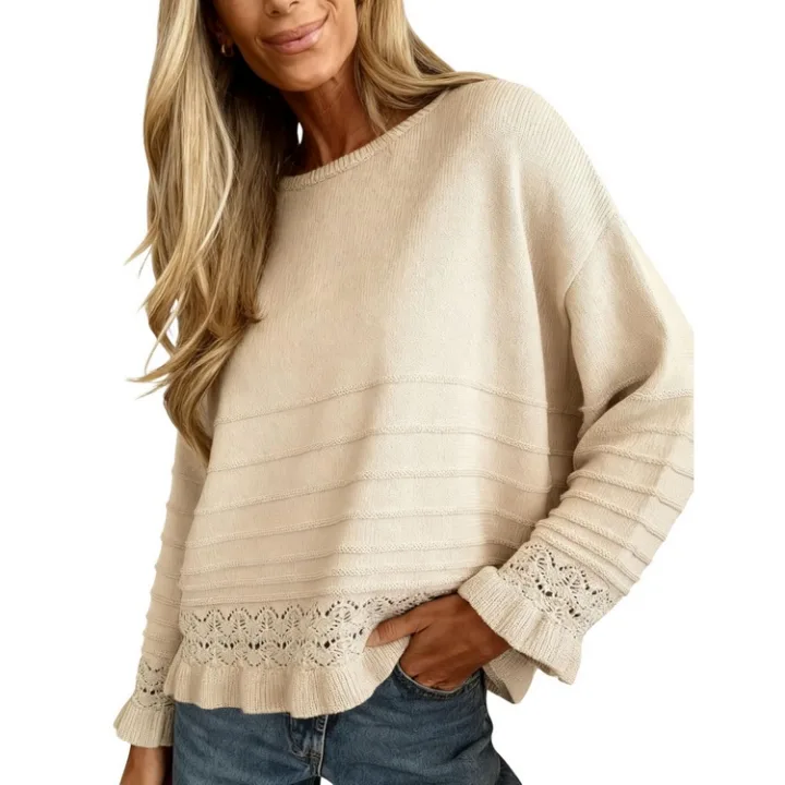 Yeokou Women's Crochet Knit Long Sleeve Pullover Sweater Cozy Round Neck Ruffled Hem Shirt