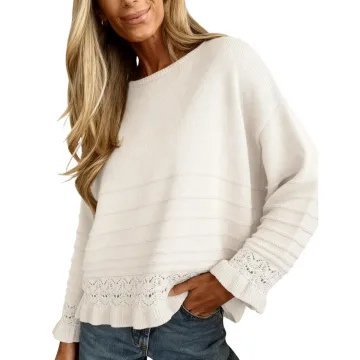 Yeokou Women's Crochet Knit Long Sleeve Pullover Sweater Cozy Round Neck Ruffled Hem Shirt