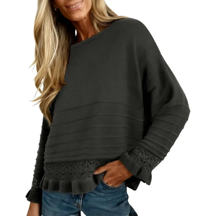 Yeokou Women's Crochet Knit Long Sleeve Pullover Sweater Cozy Round Neck Ruffled Hem Shirt