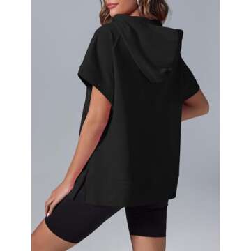Fisoew Womens Oversized Half Zip Hoodies Short Sleeve Casual Sweatshirts Pullover Tops with Pockets Black