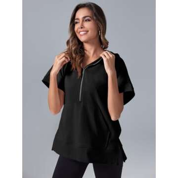Fisoew Womens Oversized Half Zip Hoodies Short Sleeve Casual Sweatshirts Pullover Tops with Pockets Black