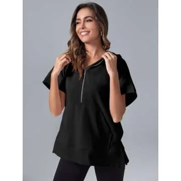 Fisoew Womens Oversized Half Zip Hoodies Short Sleeve Casual Sweatshirts Pullover Tops with Pockets Black