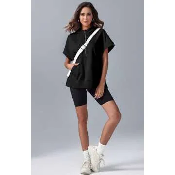 Fisoew Womens Oversized Half Zip Hoodies Short Sleeve Casual Sweatshirts Pullover Tops with Pockets Black