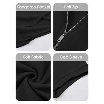 Fisoew Womens Oversized Half Zip Hoodies Short Sleeve Casual Sweatshirts Pullover Tops with Pockets Black