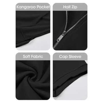 Fisoew Womens Oversized Half Zip Hoodies Short Sleeve Casual Sweatshirts Pullover Tops with Pockets Black