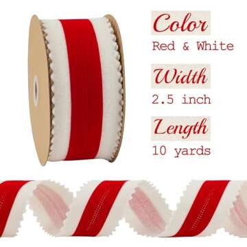 MEEDEE Christmas Felt Ribbon 2.5 Inch Wired Felt Ribbon 10 Yards White Felt with Red Velvet Middle Rickrack Cutout Christmas Ribbon for Christmas Tree Decoration, Topper Bow, Ribbon Garland