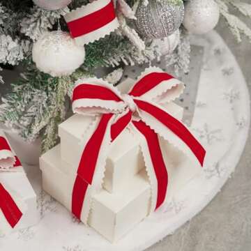 MEEDEE Christmas Felt Ribbon 2.5 Inch Wired Felt Ribbon 10 Yards White Felt with Red Velvet Middle Rickrack Cutout Christmas Ribbon for Christmas Tree Decoration, Topper Bow, Ribbon Garland