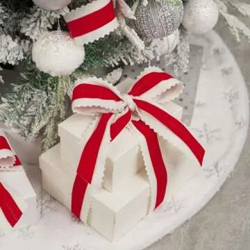 MEEDEE Christmas Felt Ribbon 2.5 Inch Wired Felt Ribbon 10 Yards White Felt with Red Velvet Middle Rickrack Cutout Christmas Ribbon for Christmas Tree Decoration, Topper Bow, Ribbon Garland