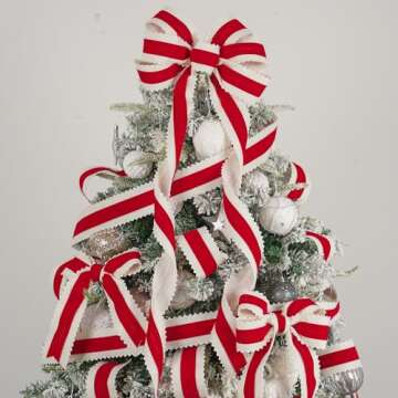 MEEDEE Christmas Felt Ribbon 2.5 Inch Wired Felt Ribbon 10 Yards White Felt with Red Velvet Middle Rickrack Cutout Christmas Ribbon for Christmas Tree Decoration, Topper Bow, Ribbon Garland