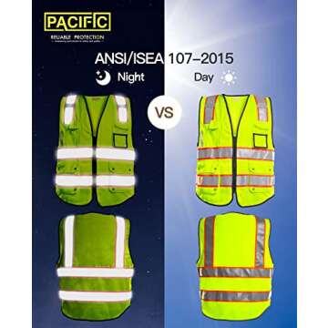 PACIFIC 10 Pockets Safety Vest for Men, 3M High Visibility Reflective Strips with Pockets and Zipper...