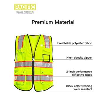 PACIFIC 10 Pockets Safety Vest for Men, 3M High Visibility Reflective Strips with Pockets and Zipper, ANSI Class 2, Yellow, Medium