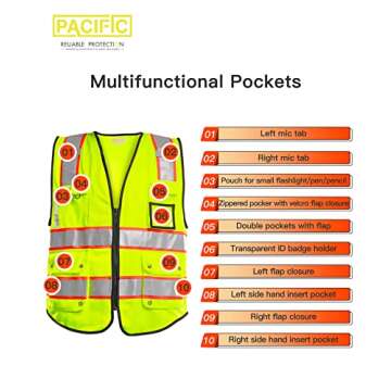 PACIFIC 10 Pockets Safety Vest for Men, 3M High Visibility Reflective Strips with Pockets and Zipper, ANSI Class 2, Yellow, Medium