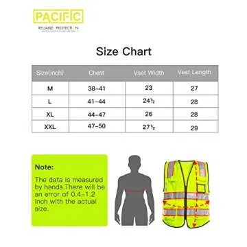 PACIFIC 10 Pockets Safety Vest for Men, 3M High Visibility Reflective Strips with Pockets and Zipper, ANSI Class 2, Yellow, Medium