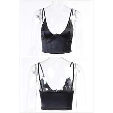 SAFRISIOR Women Spaghetti Strap V Neck Bustier Corset Top Sleeveless Slim Sexy Crop Cami Top Clubwear Party Crop Top Outwear Black