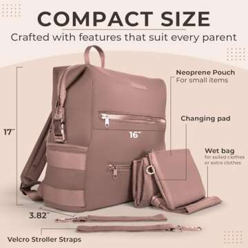 BUNSO Baby Neoprene Diaper Bag, Minimalist Backpack Diaper Bag with Pouch, Changing Pad, and Stroller Straps, Water Resistant and Lightweight Baby Girl Diaper Bag, Diaper Bag Backpack, Mauve