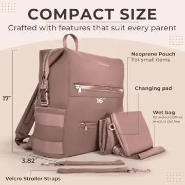 BUNSO Baby Neoprene Diaper Bag, Minimalist Backpack Diaper Bag with Pouch, Changing Pad, and Stroller Straps, Water Resistant and Lightweight Baby Girl Diaper Bag, Diaper Bag Backpack, Mauve