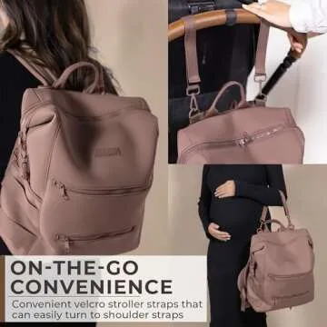 BUNSO Baby Neoprene Diaper Bag, Minimalist Backpack Diaper Bag with Pouch, Changing Pad, and Stroller Straps, Water Resistant and Lightweight Baby Girl Diaper Bag, Diaper Bag Backpack, Mauve