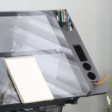 SPOFLYINN Drafting Desk with Side Shelf 0 to 75° Adjustable Tilting Drawing Desk Tempered Glass Art Table Writing Desk with Chair Stat