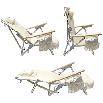 EasyGo Tassel Beach Chair with Cup Holder and Pillow