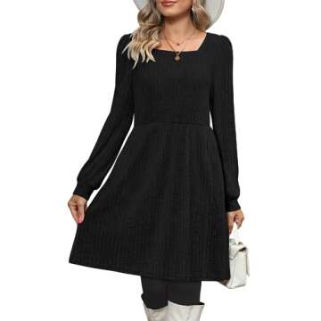 OFEEFAN Black Long Sleeve Dress Homecoming Square Neck Knit Dresses with Pockets XL