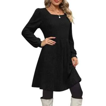 OFEEFAN Black Long Sleeve Dress Homecoming Square Neck Knit Dresses with Pockets XL