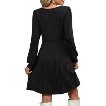 OFEEFAN Black Long Sleeve Dress Homecoming Square Neck Knit Dresses with Pockets XL