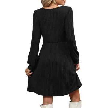 OFEEFAN Black Long Sleeve Dress Homecoming Square Neck Knit Dresses with Pockets XL