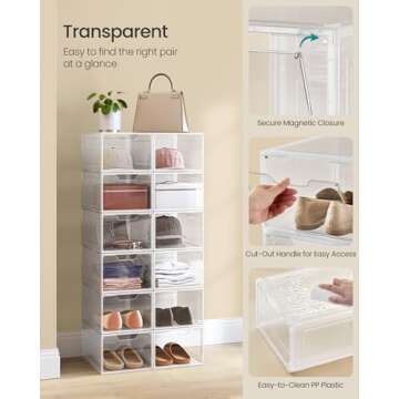 SONGMICS Shoe Boxes, Clear Shoe Organizers, Set of 12, Plastic Shoe Storage with Clear Door, Easy Assembly, up to US Size 13, Transparent White ULSP032W12