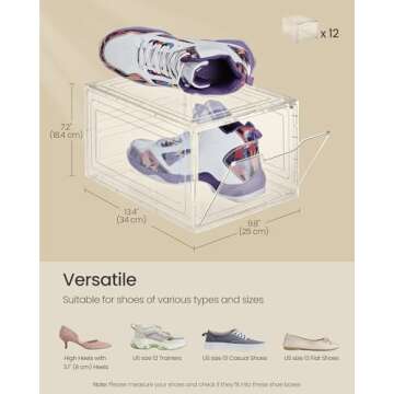 SONGMICS Shoe Boxes, Clear Shoe Organizers, Set of 12, Plastic Shoe Storage with Clear Door, Easy Assembly, up to US Size 13, Transparent White ULSP032W12