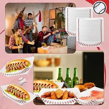 Roshtia 100 Pack 2lb Baseball Party Supplies Paper Food Trays Disposable Serving Tray Nacho Food Boats for Baseball Birthday Decorations(White)