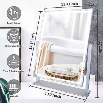 SLIMOON Hollywood Vanity Mirror with Lights, Lighted Makeup Mirror with Detachable 10X Magnification Mirror, 3 Colors, 360°Rotation Rechargeable Desk Makeup Mirror with Lights White