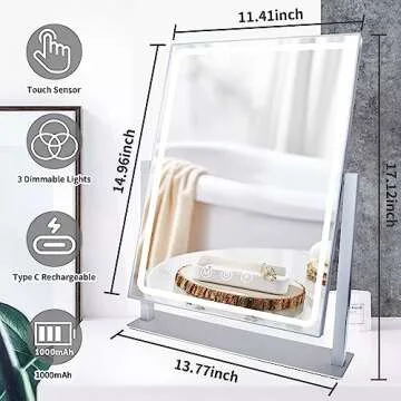 SLIMOON Hollywood Vanity Mirror with Lights, Lighted Makeup Mirror with Detachable 10X Magnification Mirror, 3 Colors, 360°Rotation Rechargeable Desk Makeup Mirror with Lights White