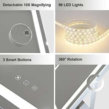 SLIMOON Hollywood Vanity Mirror with Lights, Lighted Makeup Mirror with Detachable 10X Magnification Mirror, 3 Colors, 360°Rotation Rechargeable Desk Makeup Mirror with Lights White