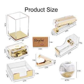 Multibey Gold Acrylic Office Supplies Desk Organizer Set Stapler Tape Dispenser Staples Remover Stic...