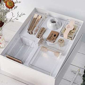 Multibey Gold Acrylic Office Supplies Desk Organizer Set Stapler Tape Dispenser Staples Remover Sticky Note Tray Paper Clip Dispenser Pencil Organization Pen Holder Binder Clips Decor (Clear Gold)