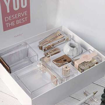 Multibey Gold Acrylic Office Supplies Desk Organizer Set Stapler Tape Dispenser Staples Remover Sticky Note Tray Paper Clip Dispenser Pencil Organization Pen Holder Binder Clips Decor (Clear Gold)