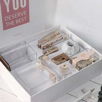 Multibey Gold Acrylic Office Supplies Desk Organizer Set Stapler Tape Dispenser Staples Remover Sticky Note Tray Paper Clip Dispenser Pencil Organization Pen Holder Binder Clips Decor (Clear Gold)