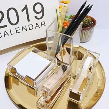 Multibey Gold Acrylic Office Supplies Desk Organizer Set Stapler Tape Dispenser Staples Remover Sticky Note Tray Paper Clip Dispenser Pencil Organization Pen Holder Binder Clips Decor (Clear Gold)