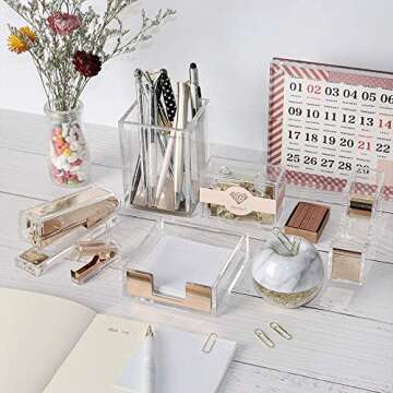 Multibey Gold Acrylic Office Supplies Desk Organizer Set Stapler Tape Dispenser Staples Remover Sticky Note Tray Paper Clip Dispenser Pencil Organization Pen Holder Binder Clips Decor (Clear Gold)