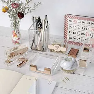 Multibey Gold Acrylic Office Supplies Desk Organizer Set Stapler Tape Dispenser Staples Remover Sticky Note Tray Paper Clip Dispenser Pencil Organization Pen Holder Binder Clips Decor (Clear Gold)