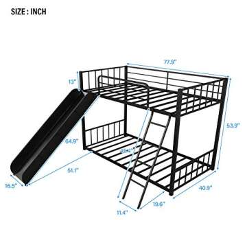 CJLMNMetal Loft Bunk Bed with Slide and Ladder, Multifunctional Design, with Safety Guard Rails for Kids Teens Adults/Easy to Assemble/No Box Spring Required (Black).