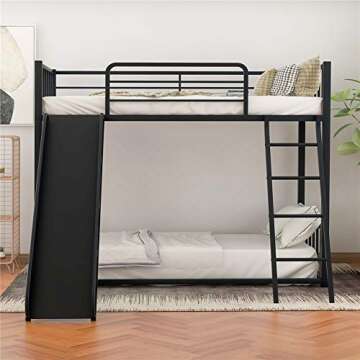 CJLMNMetal Loft Bunk Bed with Slide and Ladder, Multifunctional Design, with Safety Guard Rails for Kids Teens Adults/Easy to Assemble/No Box Spring Required (Black).